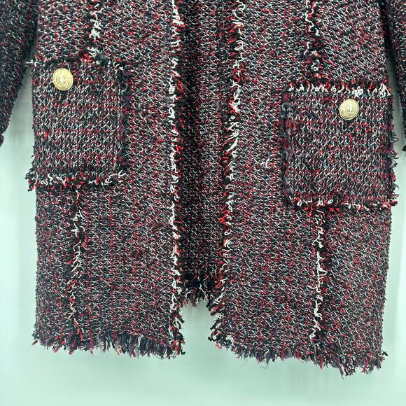 ZARA Long Tweed Jacket Open Front Fringe Trim Military Style Coat Blogger Fav - Picture 6 of 11